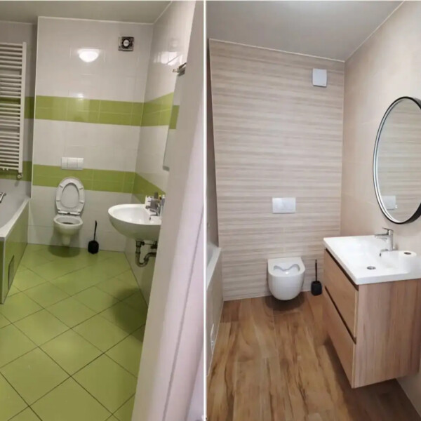 Adaptacija kupaonice &ndash; prije i poslije kompletne obnove s novim instalacijama voda i struja, zamjenom sanitarija, postavom keramičkih pločica i novim umivaonikom s ormarićem